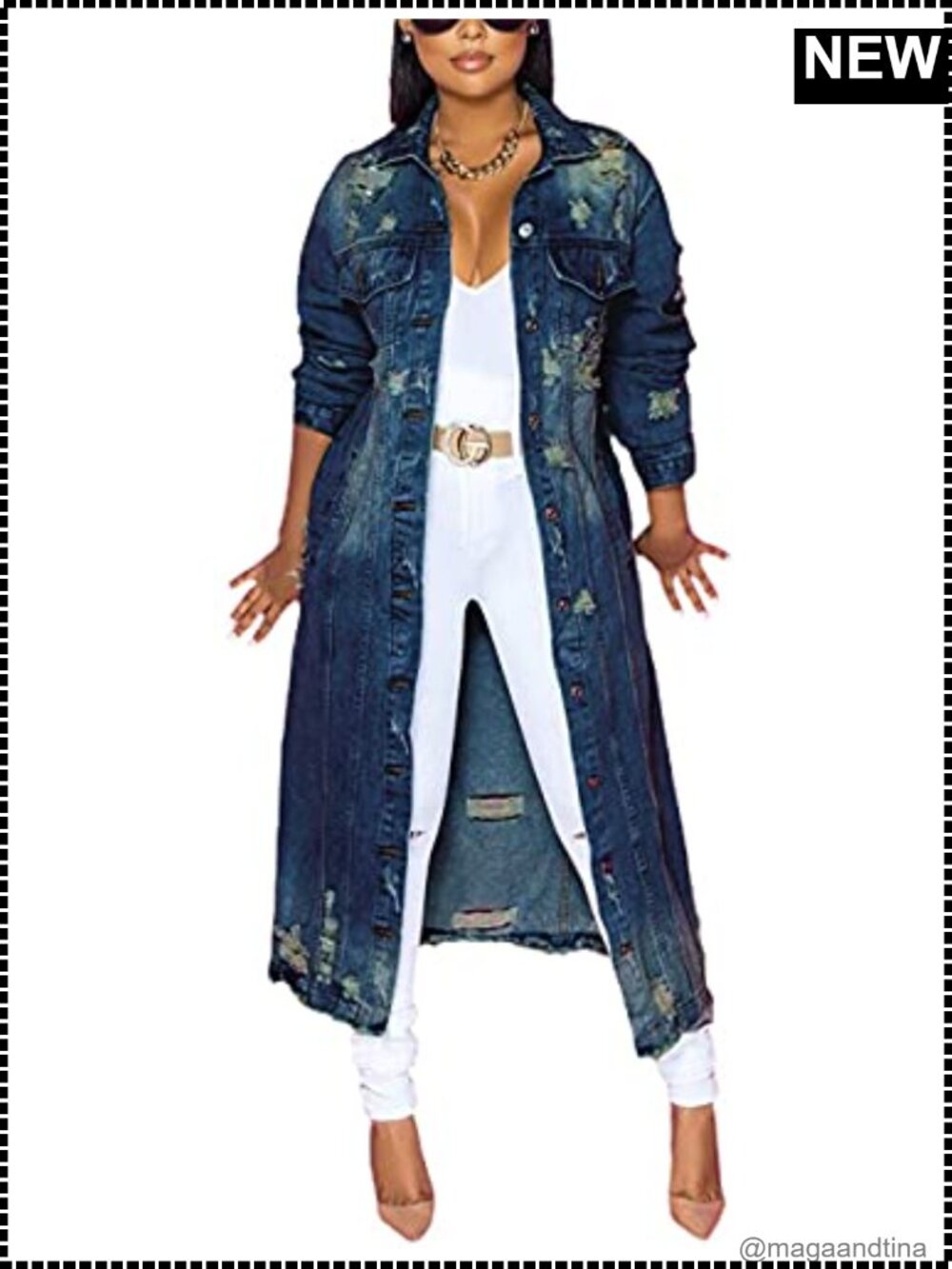 Women's Ripped Maxi Long Denim Jacket Trench Coat Button Down Lightweight